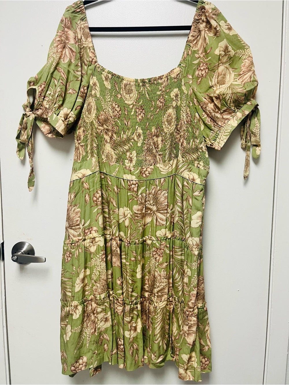 Agua by Agua Bendita Olive Green Floral Smocked Midi Dress
